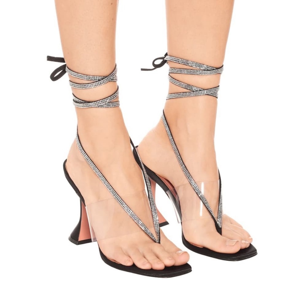 Amina Muaddi Zula Ankle-Wrap Crystal-Embellished Satin Thong Sandals Size 38
